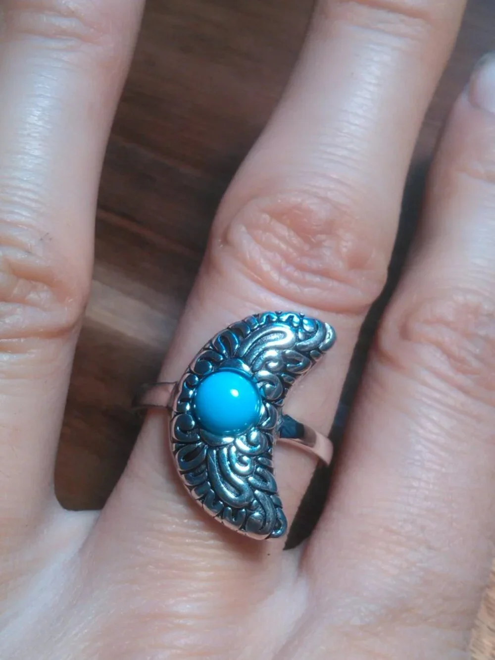 Southwestern Sleeping Beauty Turquoise Sterling Silver Moon Ring (Size 9.75)